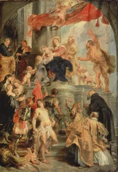 Madone en trône avec enfant, entourée de saints